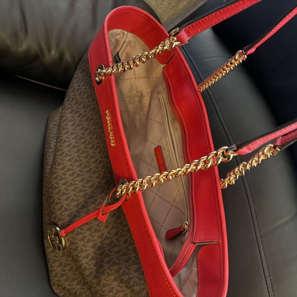 Michael Kors Red and Brown Monogram Tote